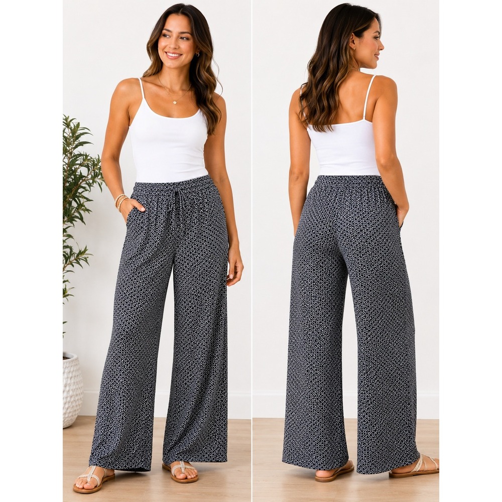 St Johns Bay Womens Wide Leg Pants Navy S White Geometric Medallion Pull On NWT